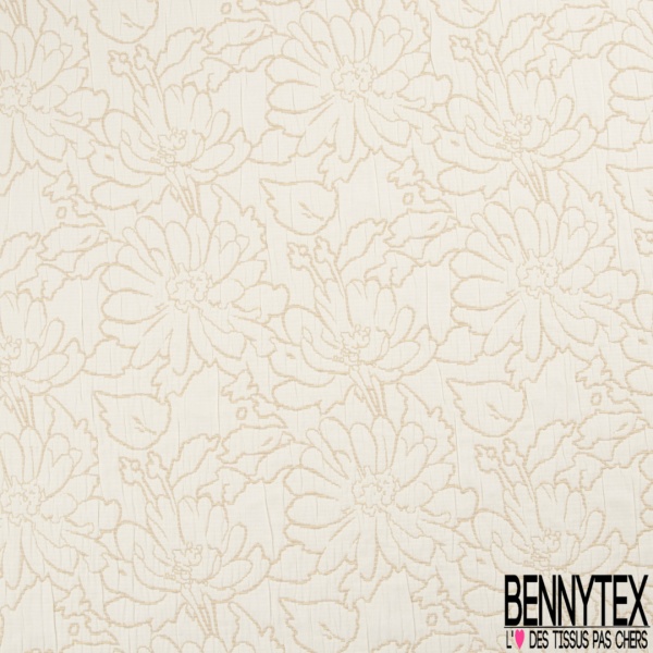 Brocart damassé coton viscose imprimé floral ton orange fluo beige blanc