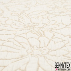 Brocart damassé coton viscose imprimé floral ton orange fluo beige blanc