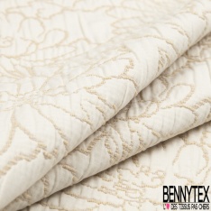 Brocart damassé coton viscose imprimé floral ton orange fluo beige blanc