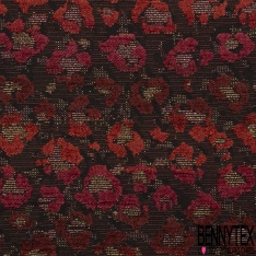 Jacquard coton polyester motif léopard rouge fushia fond noir lurex rouge