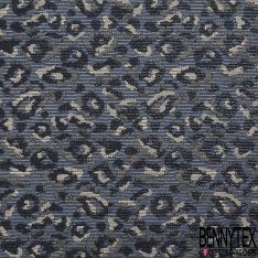 Jacquard coton polyester motif léopard olive cappuccino fond noir lurex or