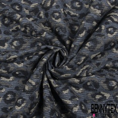 Jacquard coton polyester motif léopard olive cappuccino fond noir lurex or