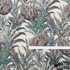 Jacquard coton polyester motif plante tropicale ton émeraude rouille ocre fond blanc discret lurex cuivre