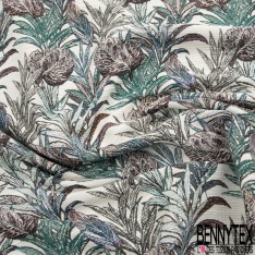 Jacquard coton polyester motif plante tropicale ton émeraude rouille ocre fond blanc discret lurex cuivre