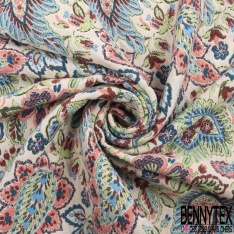 Jacquard coton polyester motif floral cachemire multicolore fond blanc cassé