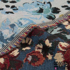 Jacquard coton polyester motif rayure fantaisie horizontale florale champêtre fond bleu glacier