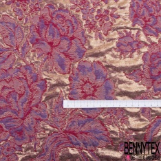 Brocart haute couture fin fabriqué en France motif floral baroque mauve dahlia fond changeant framboise orchidée