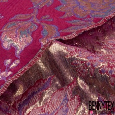 Brocart haute couture fin fabriqué en France motif floral baroque mauve dahlia fond changeant framboise orchidée