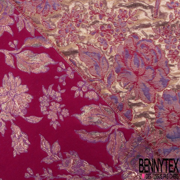 Brocart haute couture fin fabriqué en France motif floral baroque mauve dahlia fond changeant framboise orchidée