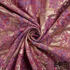 Brocart haute couture fin fabriqué en France motif floral baroque mauve dahlia fond changeant framboise orchidée