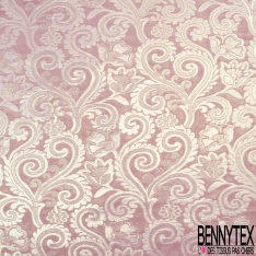 Brocart haute couture fabriqué en France motif floral cachemire vieux rose lurex multicolore irisé