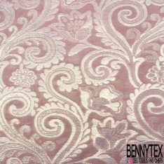 Brocart haute couture fabriqué en France motif floral cachemire vieux rose lurex multicolore irisé