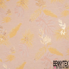 Brocart haute couture fabriqué en France motif plante tropicale lurex or rouille brun fond rose fumée