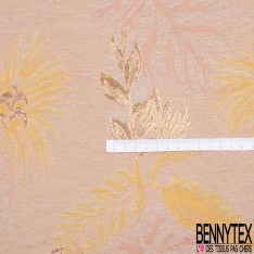 Brocart haute couture fabriqué en France motif plante tropicale lurex or rouille brun fond rose fumée