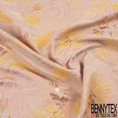 Brocart haute couture fabriqué en France motif plante tropicale lurex or rouille brun fond rose fumée