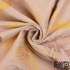 Brocart haute couture fabriqué en France motif plante tropicale lurex or rouille brun fond rose fumée