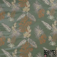 Brocart haute couture fabriqué en France motif plante tropicale lurex or moutarde limonade fond rose fumée