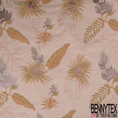 Brocart haute couture fabriqué en France motif plante tropicale lurex or moutarde limonade fond rose fumée