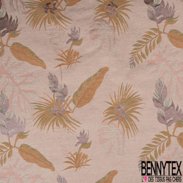 Brocart haute couture fabriqué en France motif plante tropicale lurex or moutarde limonade fond rose fumée