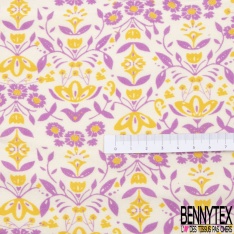 Fibranne viscose petit imprimé floral folklorique orange orchidée fond blanc discret