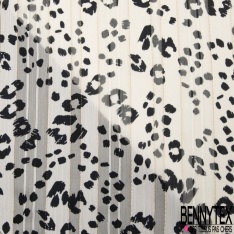 Coupon 3m mousseline krinkle polyester imprimé léopard noir fond rayure verticale blanc cassé lurex or