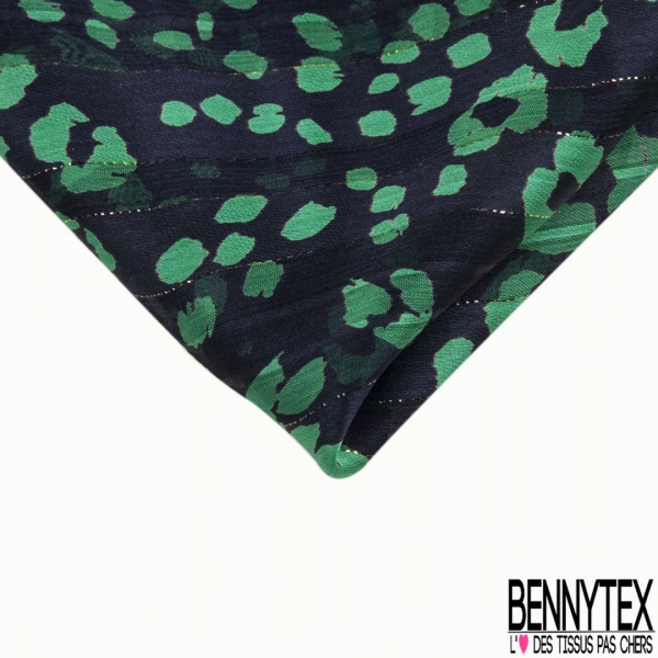 Coupon 3m mousseline krinkle polyester imprimé léopard vert fond rayure verticale marine lurex or