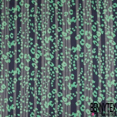 Coupon 3m mousseline krinkle polyester imprimé léopard vert fond rayure verticale marine lurex or