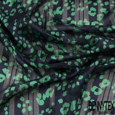 Coupon 3m mousseline krinkle polyester imprimé léopard vert fond rayure verticale marine lurex or