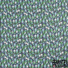 Coupon 3m mousseline krinkle polyester imprimé géométrique vert bleu blanc fond rayure verticale marine lurex or