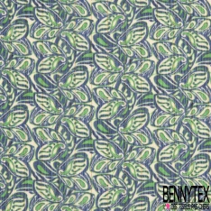 Coupon 3m mousseline krinkle imprimé tâche ton vert bleu fond blanc discret fine rayure lurex or verticale