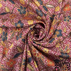 Twill satiné polyester imprimé papier peint floral rétro ton rose fond blanc discret