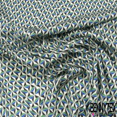 Twill satiné polyester imprimé floral cachemire fond indigo écrasée losange blanc