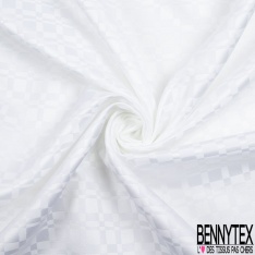 Satin jacquard polyester motif quadrillage ton sur ton blanc optique