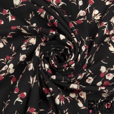 Crêpe polyester imprimé tulipe stylisée fond noir