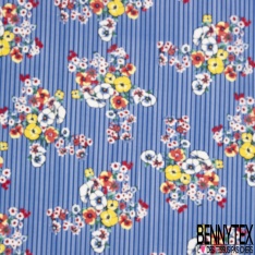 Coupon 3 m Microfibre impression bouquet folklorique fond fine rayure fantaisie verticale bleu très vif blanc optique