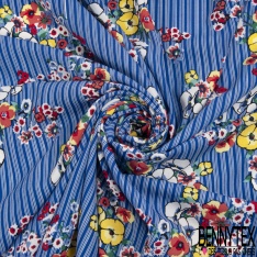 Coupon 3 m Microfibre impression bouquet folklorique fond fine rayure fantaisie verticale bleu très vif blanc optique