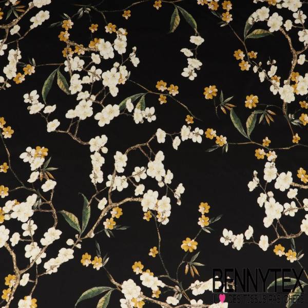 Coton Satin Elasthanne Imprimé Fleurs De Cerisier Fond Noir