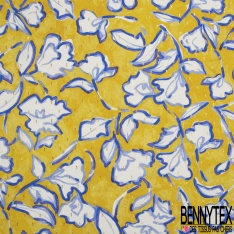 Fibranne viscose imprimé floral vintage fond jaune ceylan lurex or