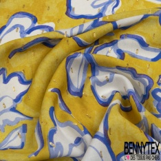 Fibranne viscose imprimé floral vintage fond jaune ceylan lurex or