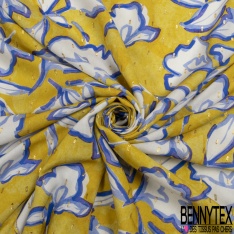 Fibranne viscose imprimé floral vintage fond jaune ceylan lurex or