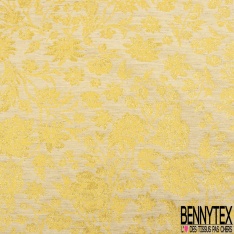 Brocart fin de luxe motif fleur des champs baroque ton jaune pastel lurex or clair