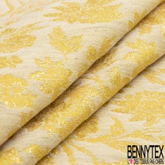 Brocart fin de luxe motif fleur des champs baroque ton jaune pastel lurex or clair