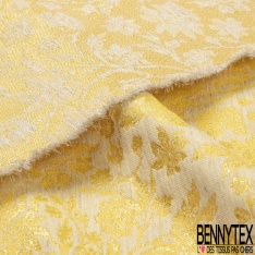 Brocart fin de luxe motif fleur des champs baroque ton jaune pastel lurex or clair