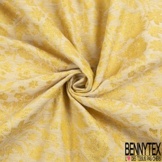 Brocart fin de luxe motif fleur des champs baroque ton jaune pastel lurex or clair