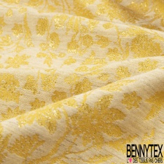 Brocart fin de luxe motif fleur des champs baroque ton jaune pastel lurex or clair