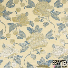 Brocart de luxe motif grande fleur baroque bordeaux lurex or vieilli fond jaune pastel