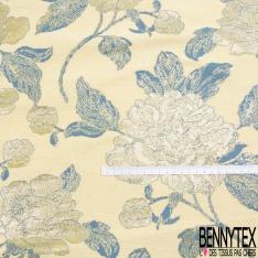 Brocart de luxe motif grande fleur baroque bordeaux lurex or vieilli fond jaune pastel