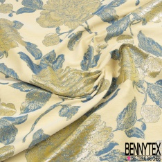 Brocart de luxe motif grande fleur baroque bordeaux lurex or vieilli fond jaune pastel