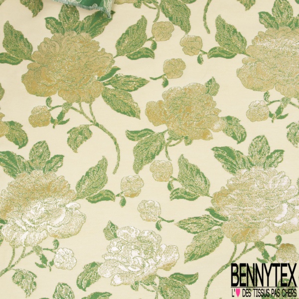 Brocart de luxe motif grande fleur baroque chute libre lurex or clair fond jaune pastel