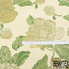 Brocart de luxe motif grande fleur baroque chute libre lurex or clair fond jaune pastel